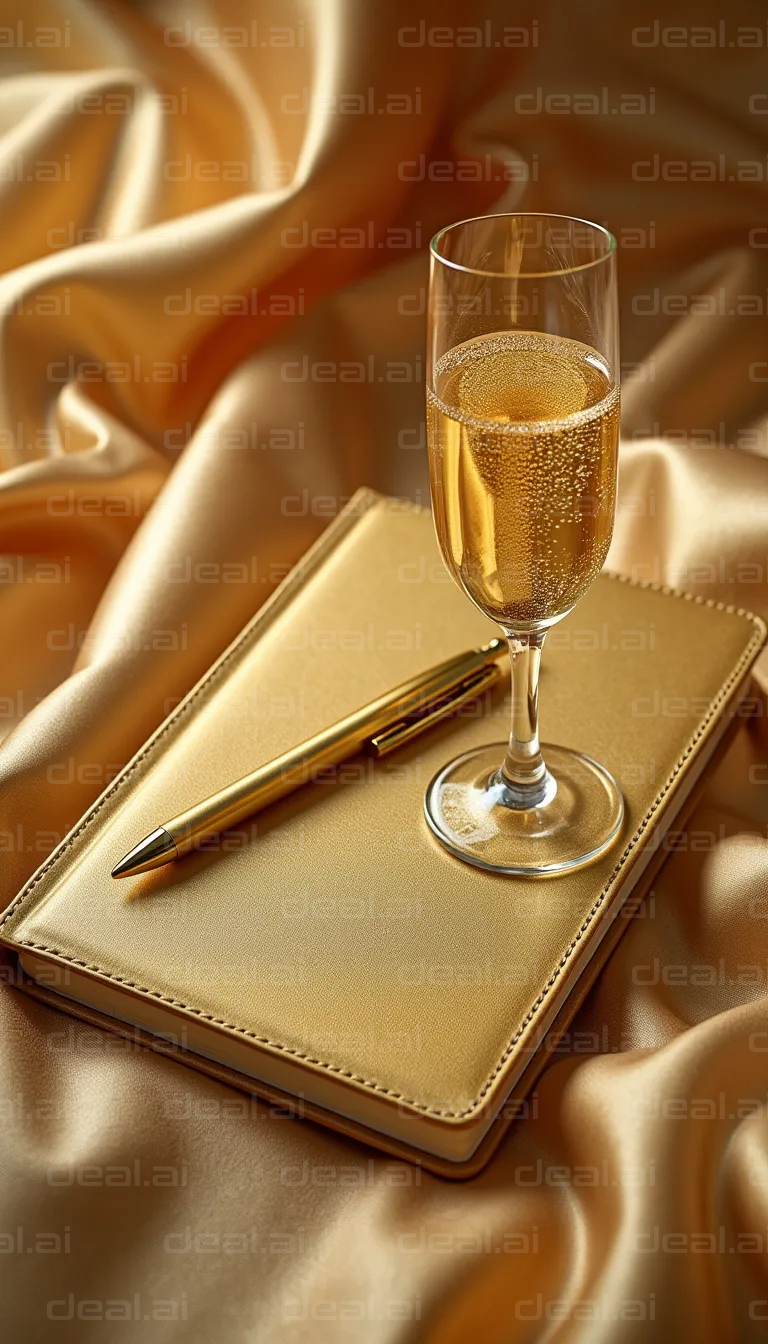 Golden Elegance: Pen, Notebook, and Wine