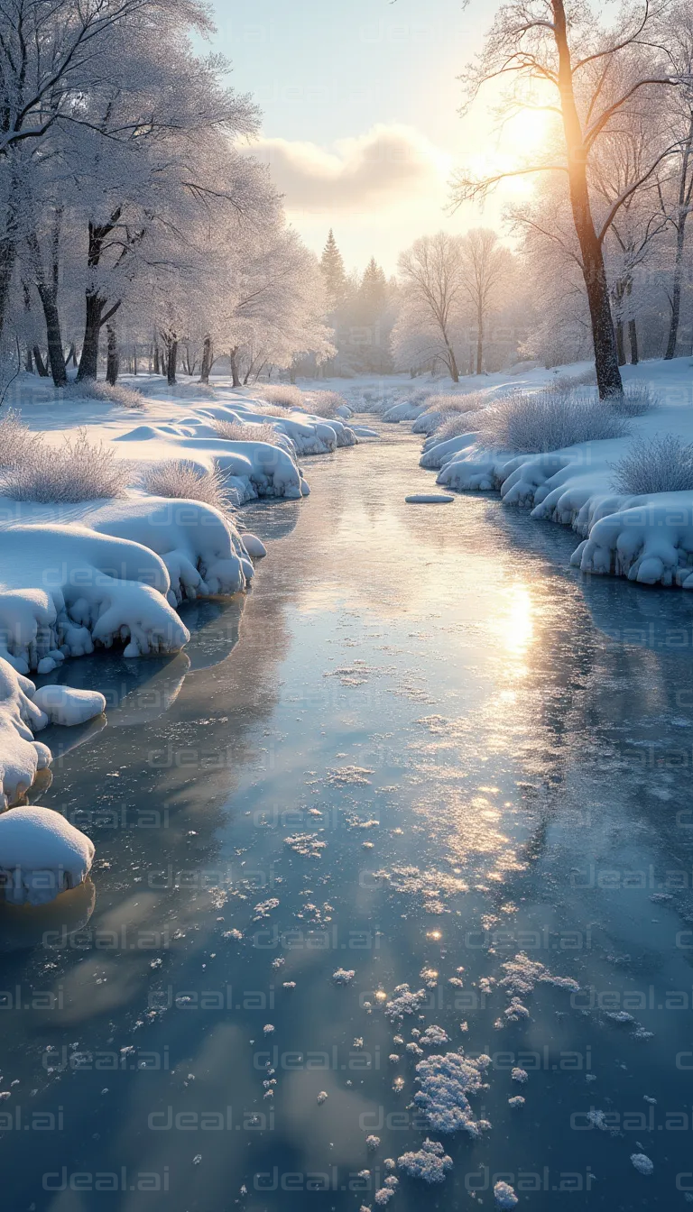 Winter Sunrise Over a Frozen River