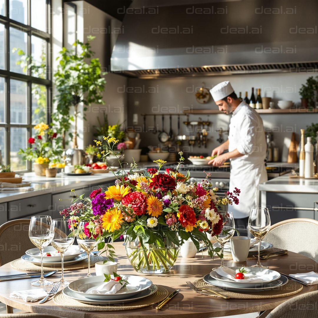 Sunny Kitchen with Colorful Bouquet