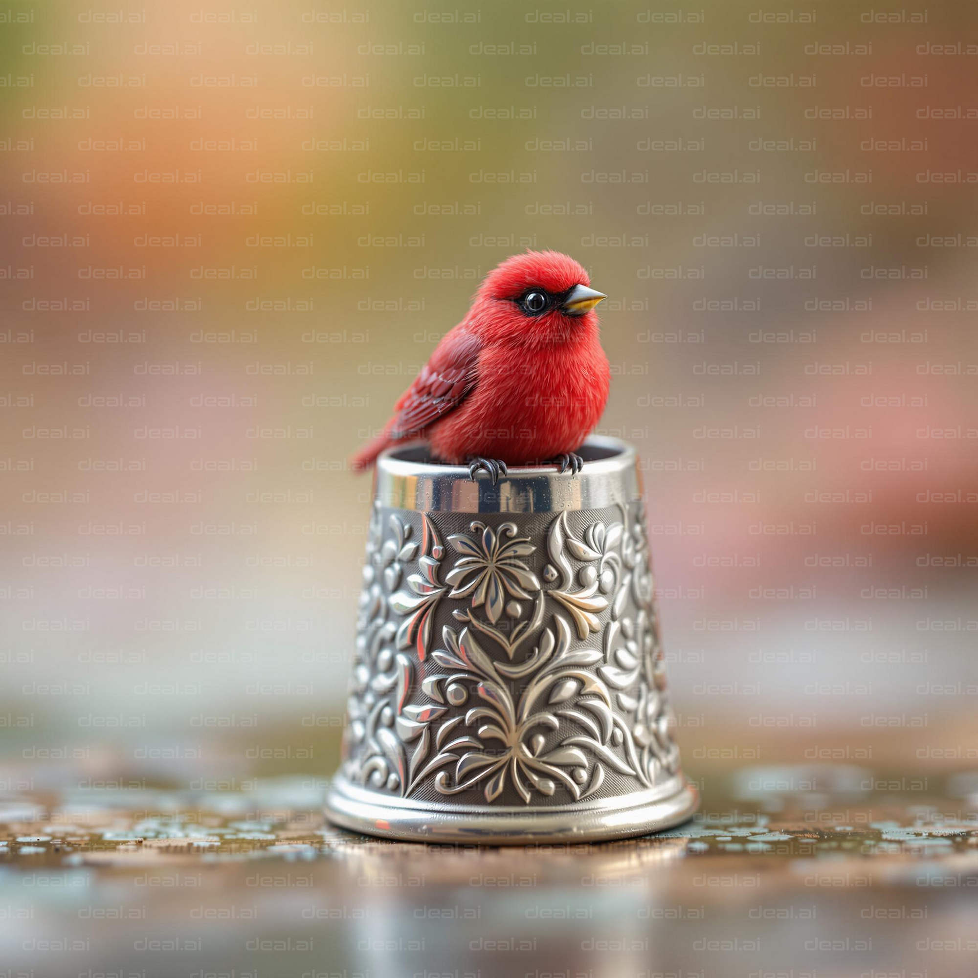 Scarlet Bird on Silver Thimble