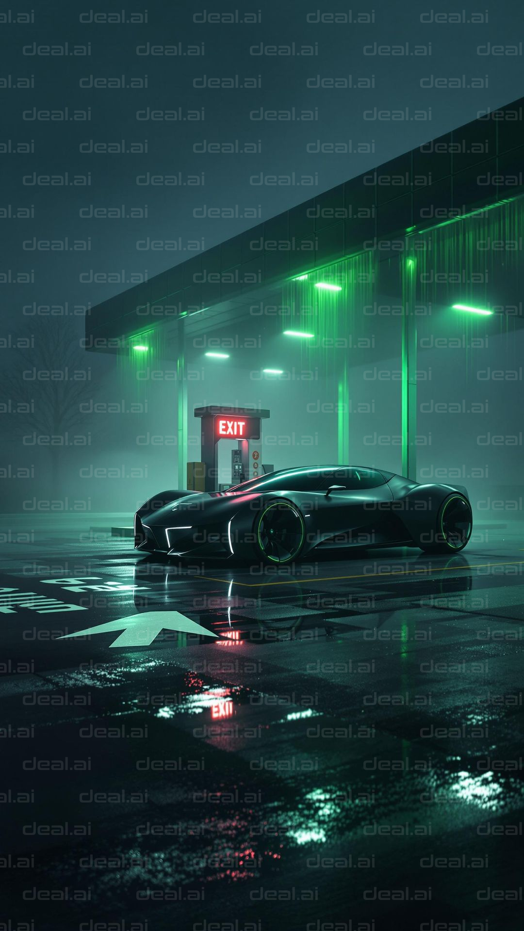 Sleek Car at Neon Gas Station