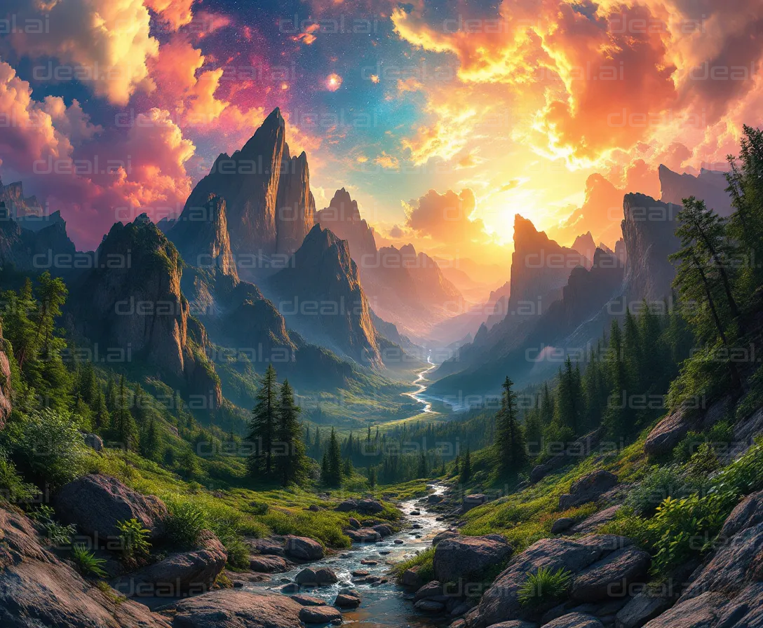 Enchanted Mountain Sunrise Scene