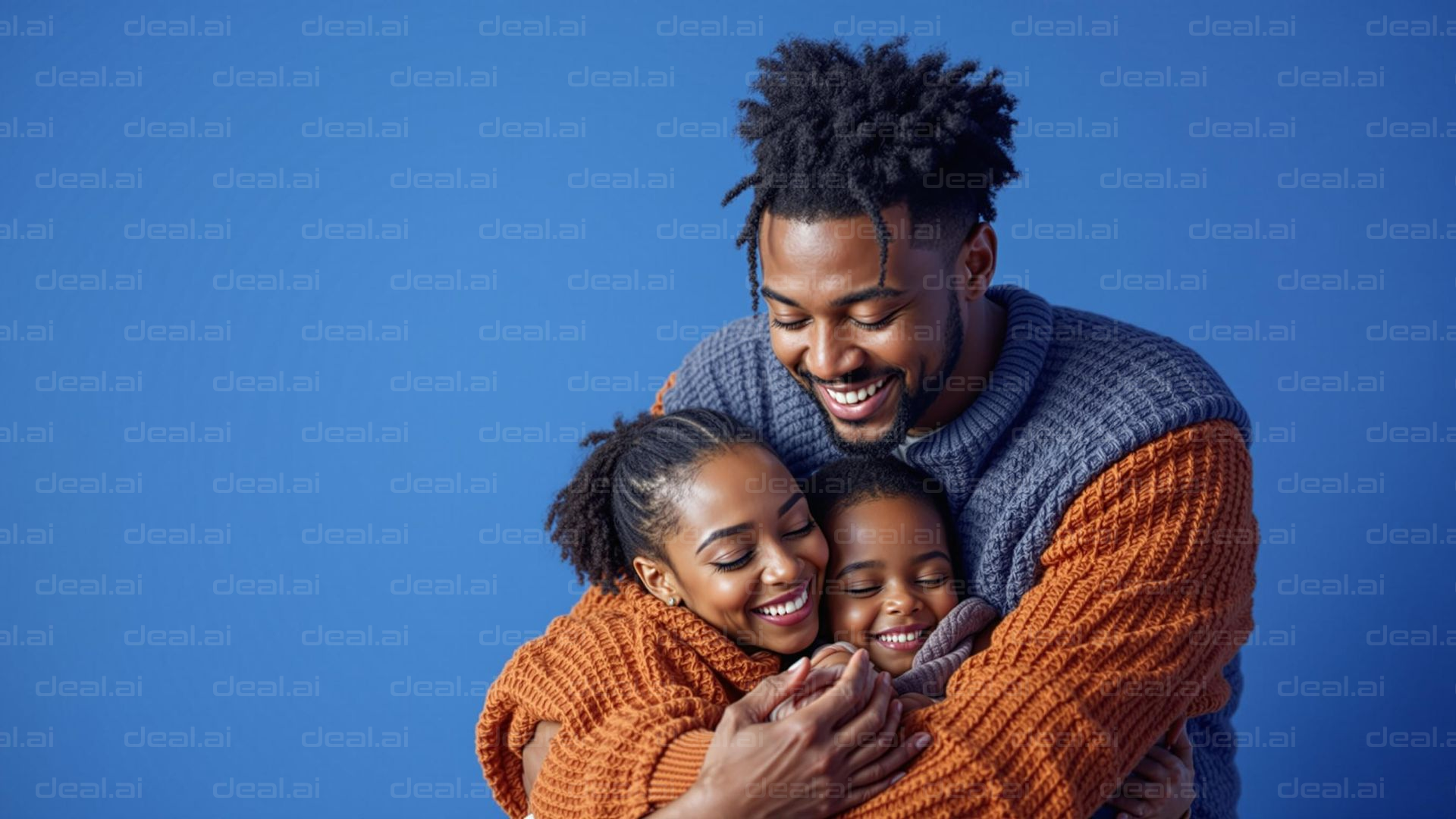 Family Embrace Against Blue Background
