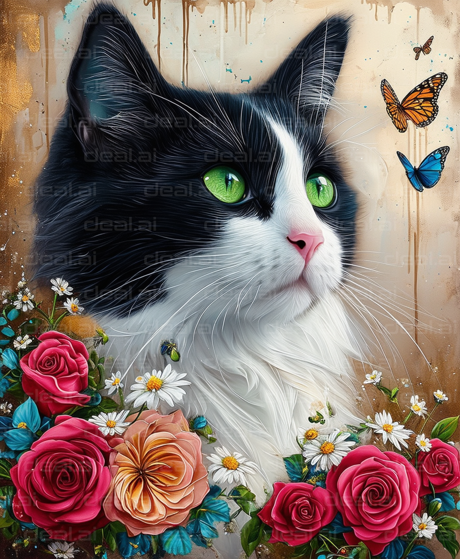 Cat with Green Eyes Amid Flowers and Butterflies