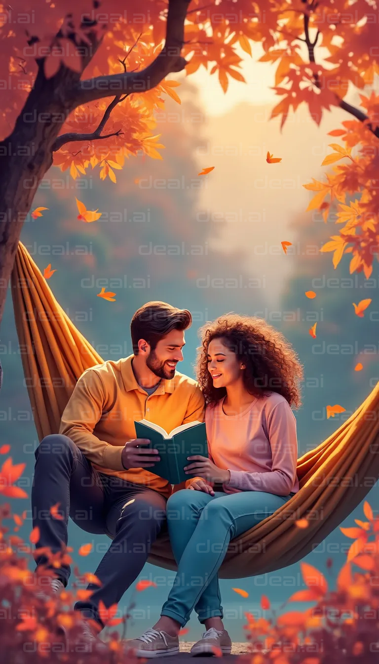 "Couple Reading in Autumn Hammock"