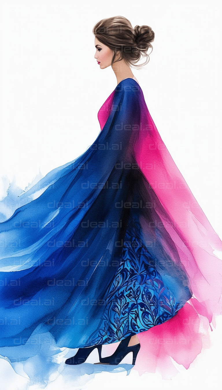 "Elegant Flow: Blue and Pink Dress"