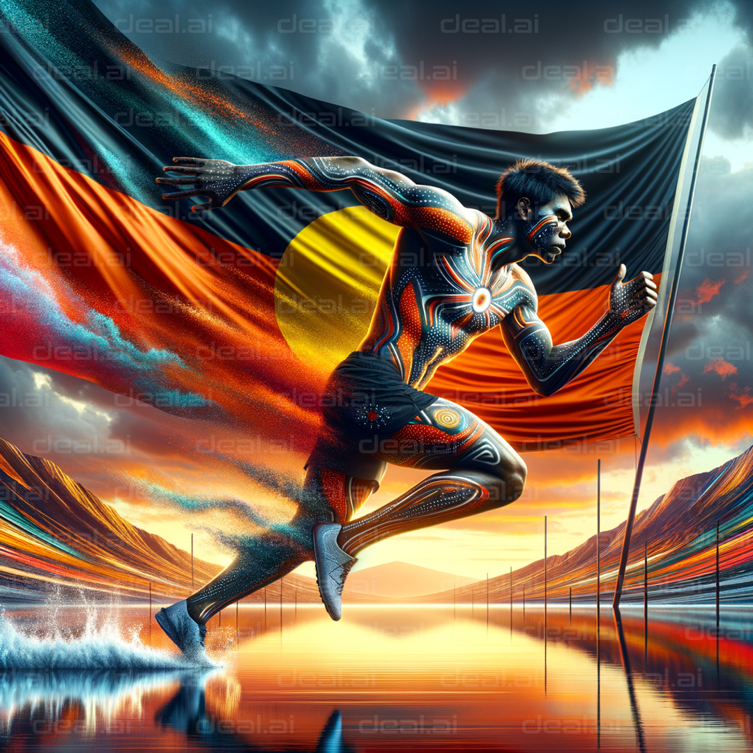 "Runner with Indigenous Flag at Sunset"