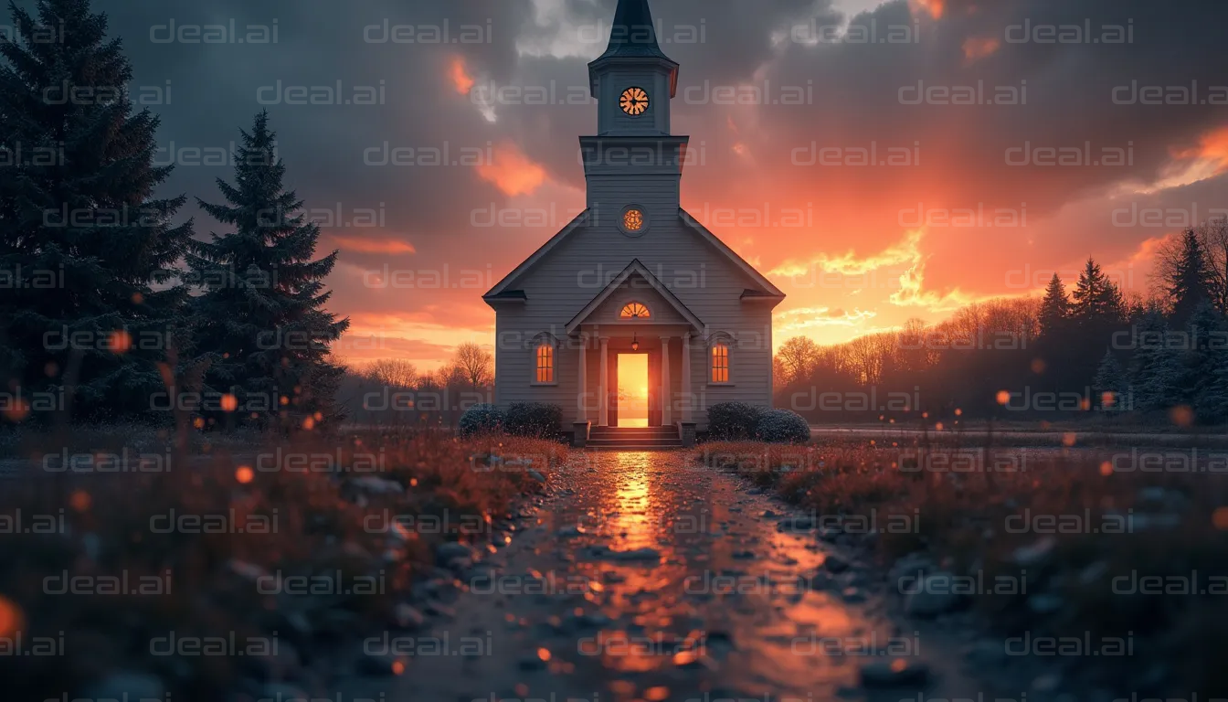 Church at Sunset in Winter Wonderland