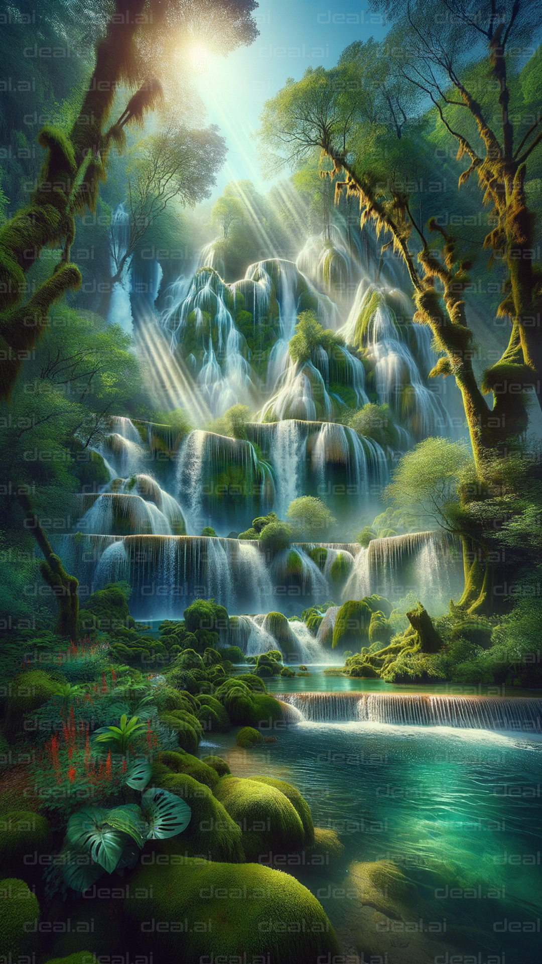 Sunlit Enchanted Waterfall Scene