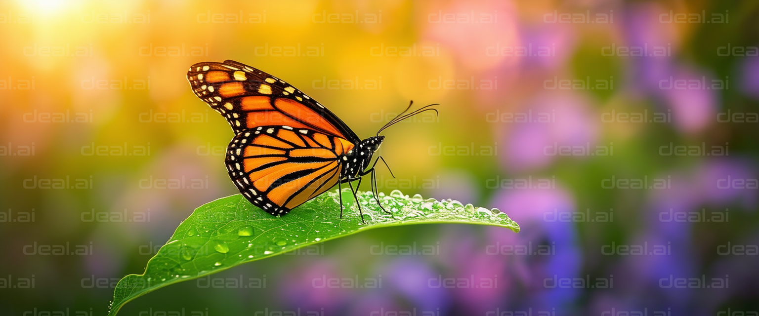 "Monarch Butterfly on Dewy Leaf"