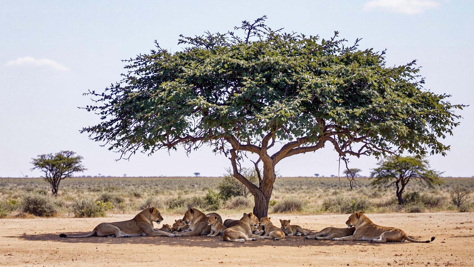 "Lions Resting Under Tree"