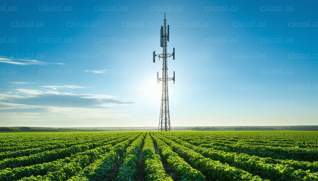 Cell Tower in Verdant Farmland at Sunrise