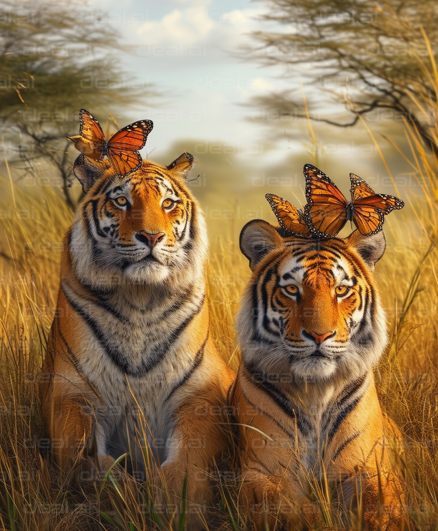 Tigers with Butterflies on Their Heads