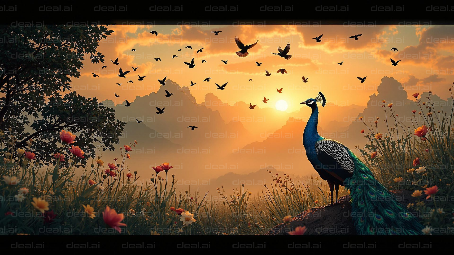 "Peacock at Sunrise in Blooming Field"