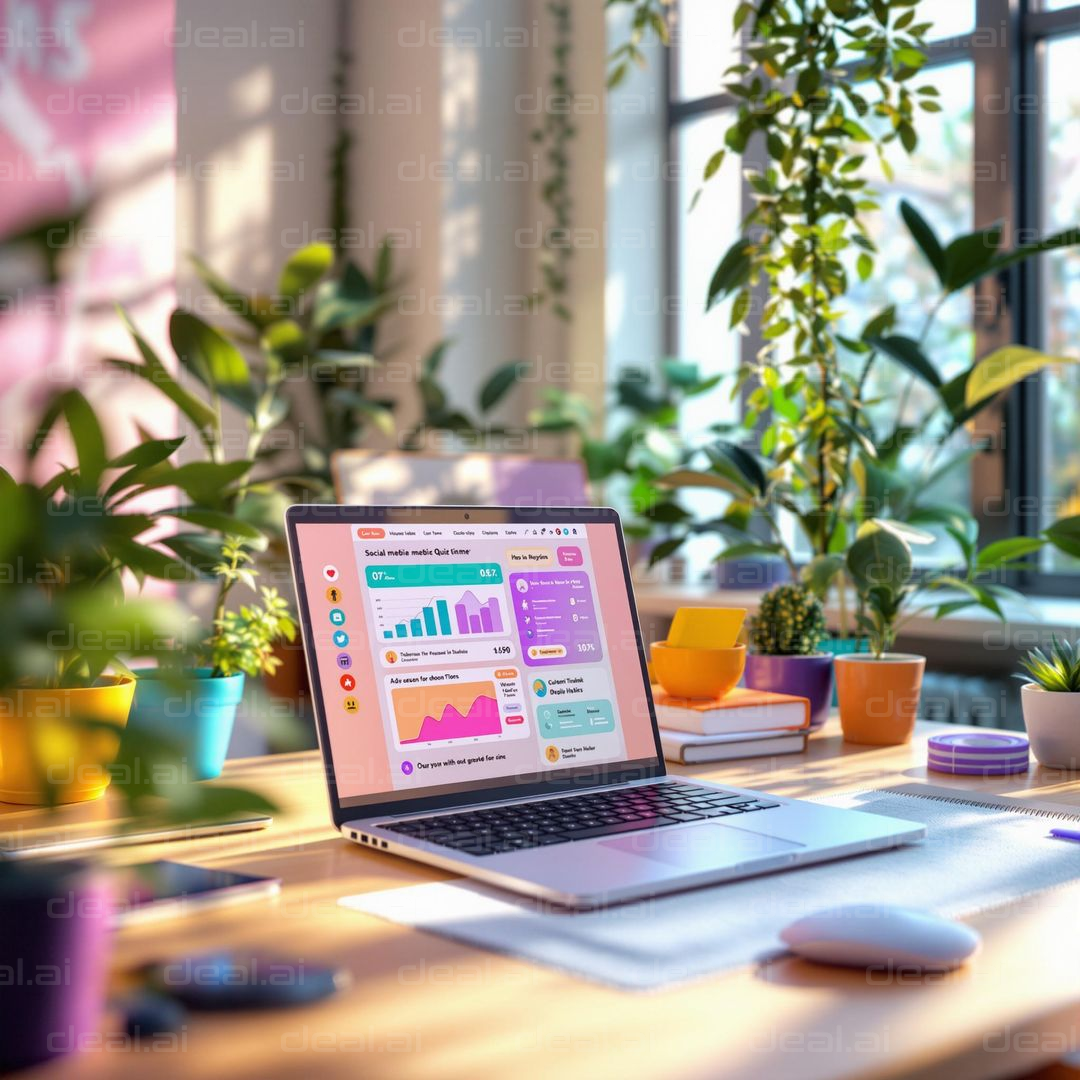 Vibrant Workspace with Laptop and Plants