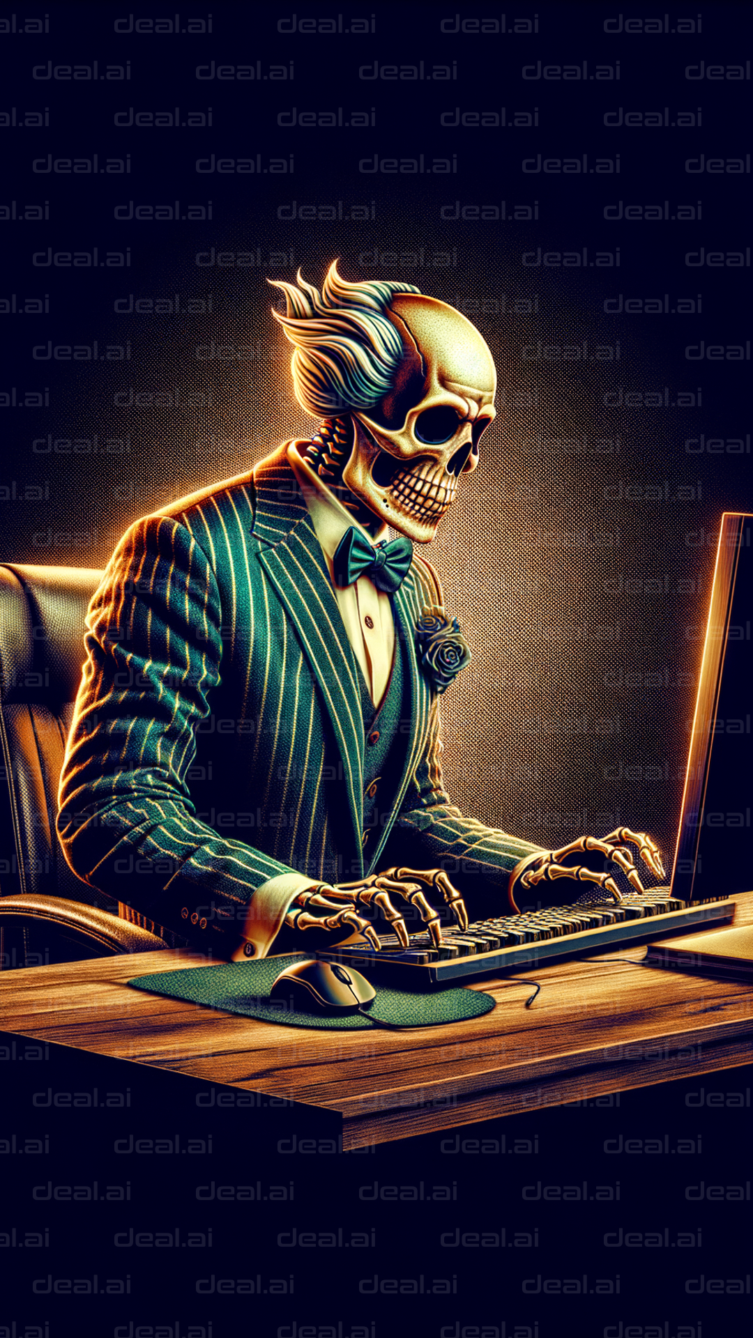 "Skeleton Typing in a Suit at a Desk"