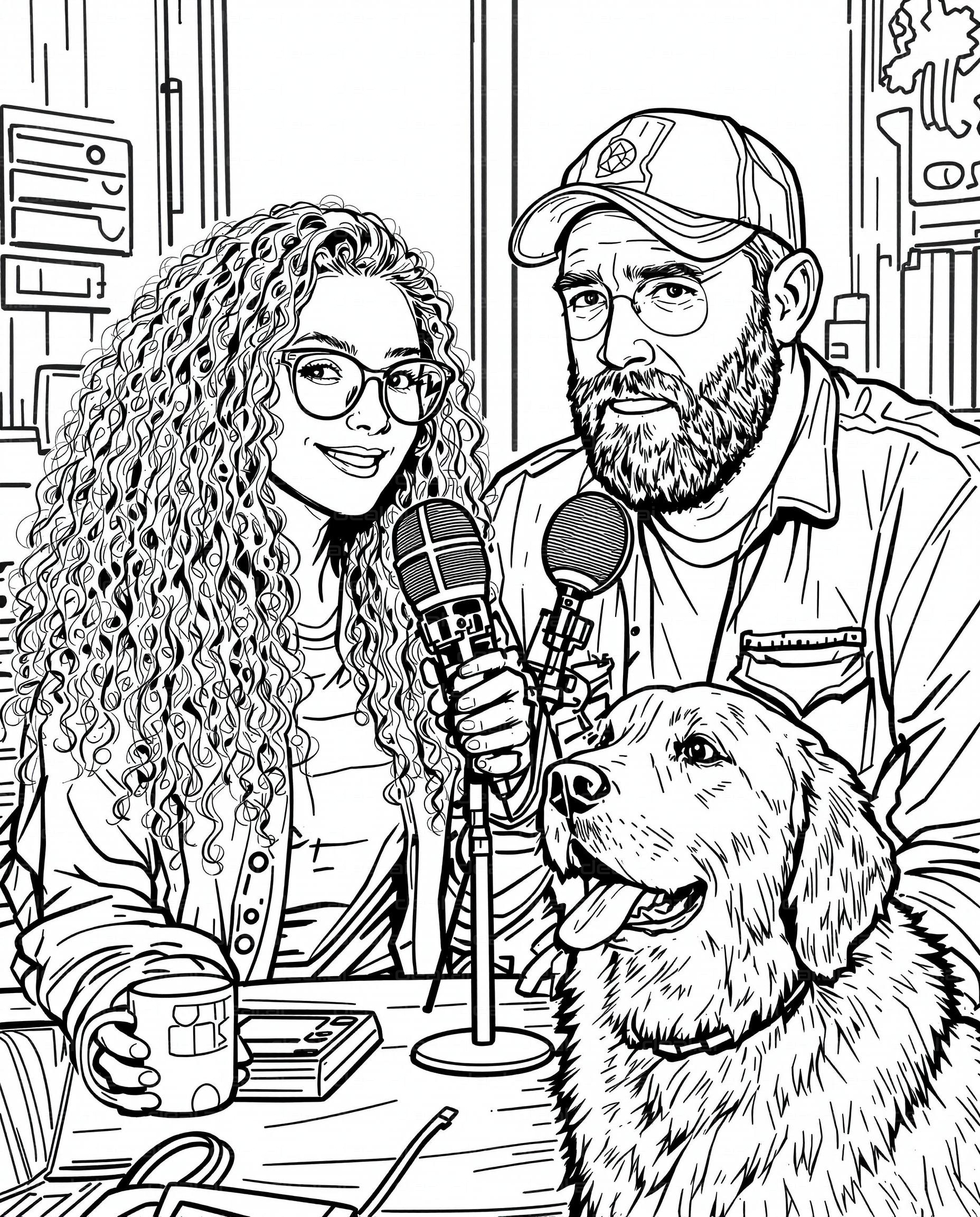 "Podcast Trio: Hosts and Dog"