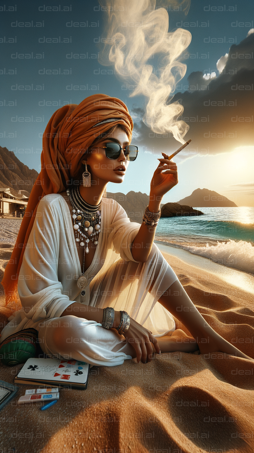 Elegant Woman Smoking by the Beach