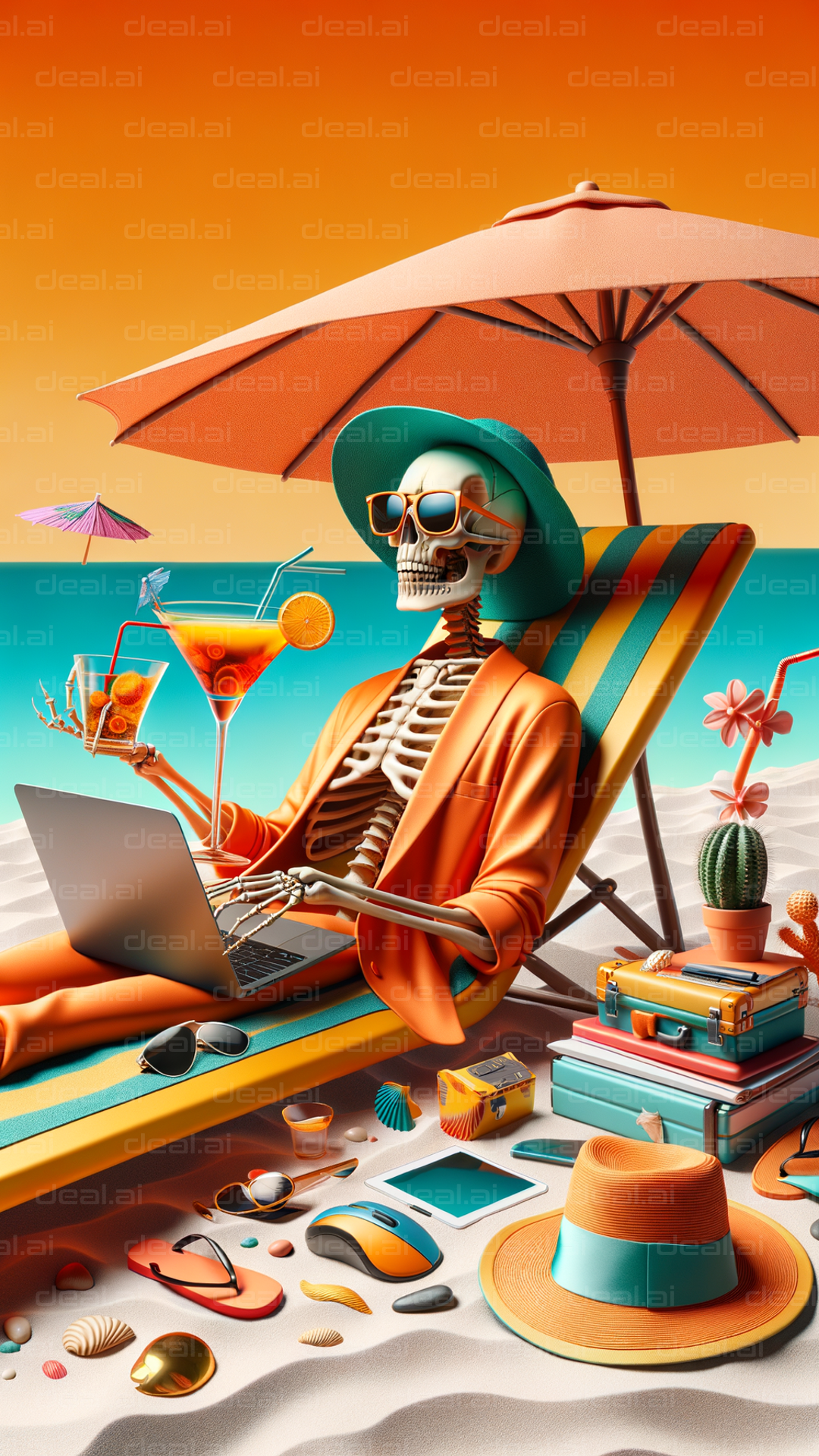 "Skeleton Enjoying Beach Life with Laptop"