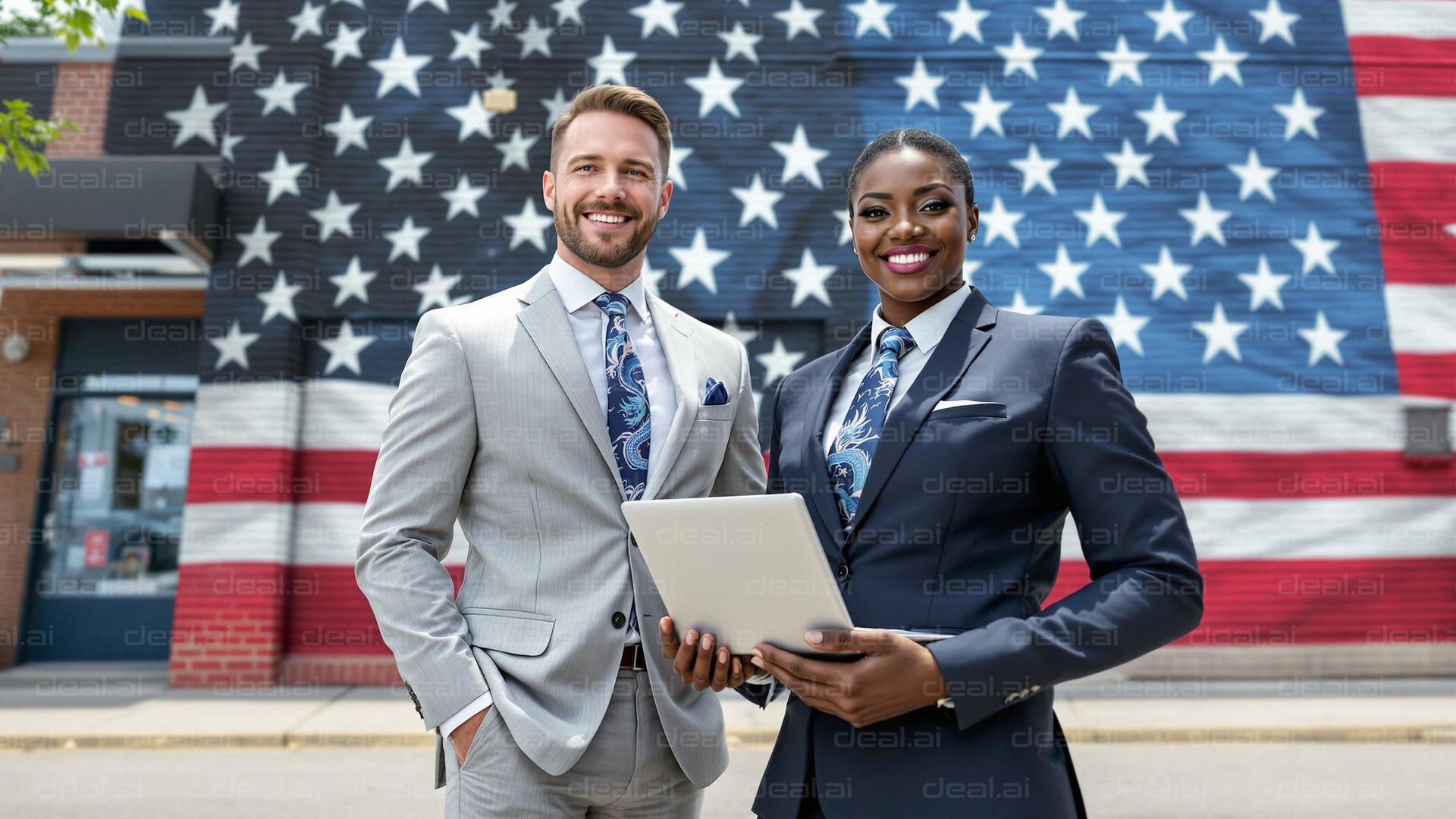 Business Professionals by Flag Mural