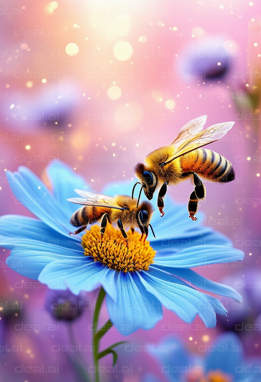 Bees on a Blue Flower in Bloom