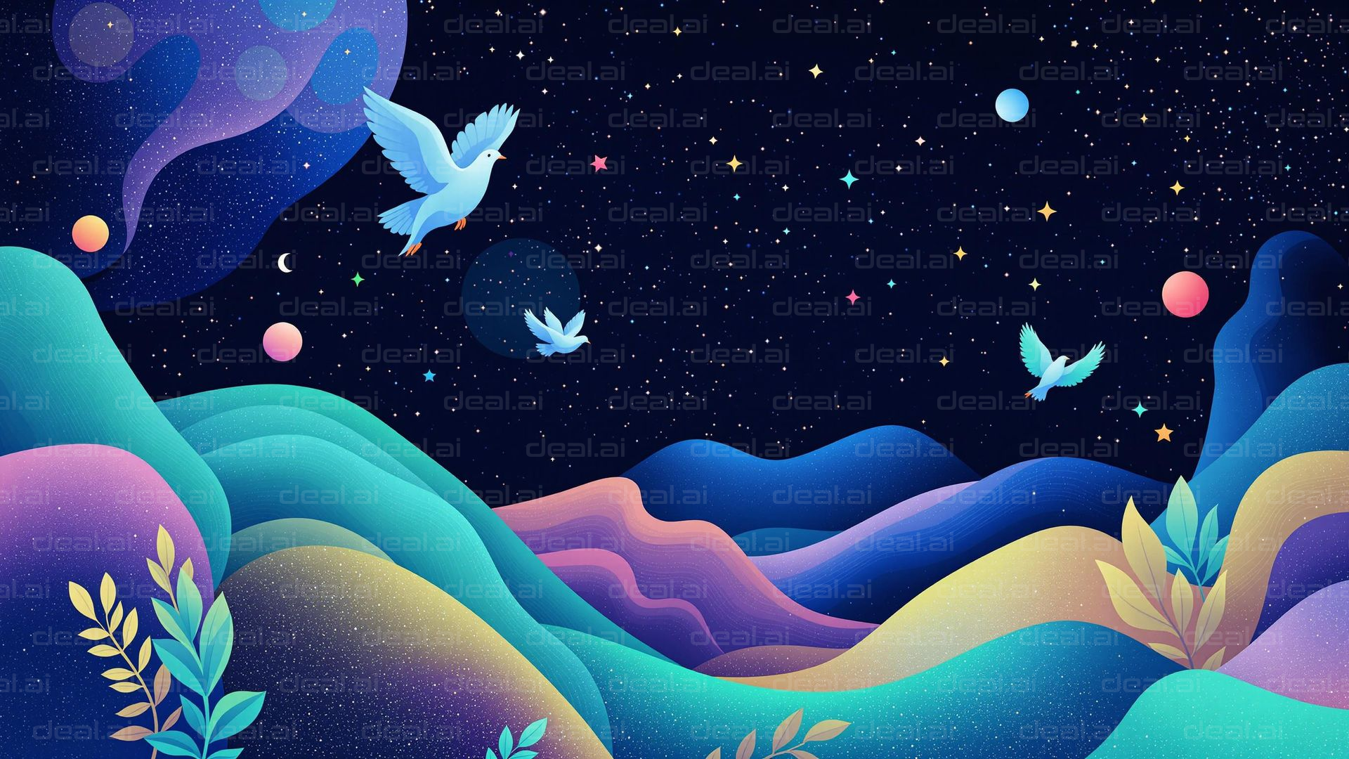 Dreamy Night Sky with Doves