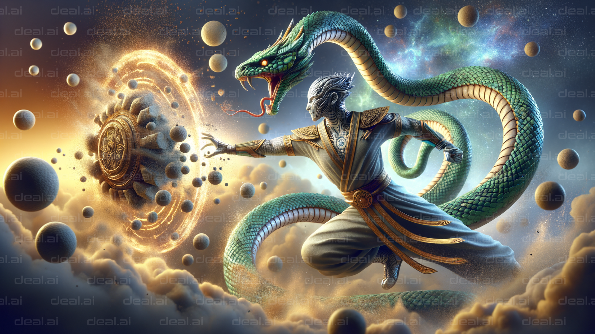 "Warrior and Dragon in a Celestial Battle"