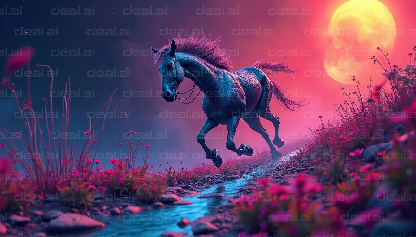 "Midnight Horse Under Neon Moonlight"