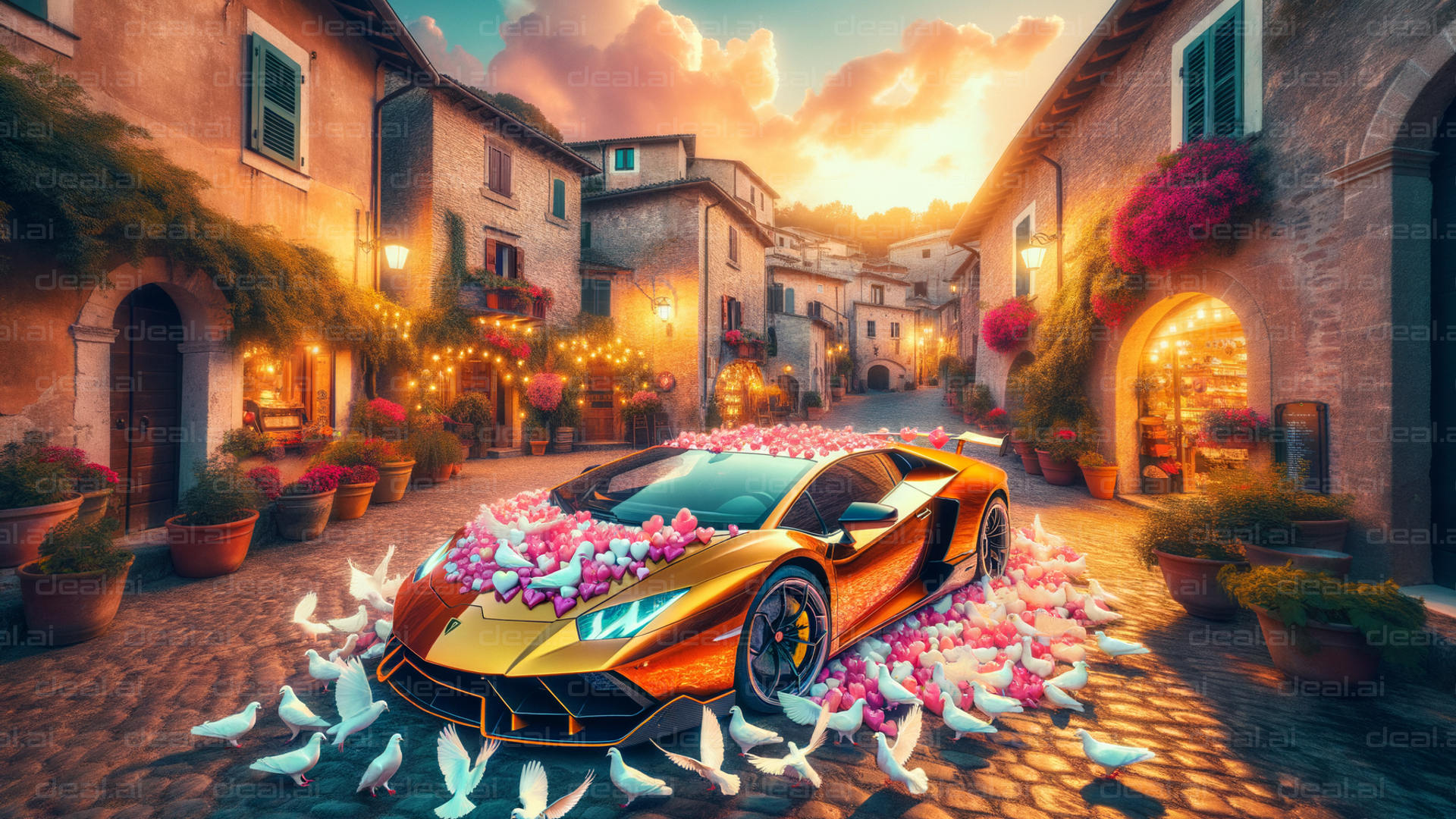 Luxury Car in Serene Village Scene