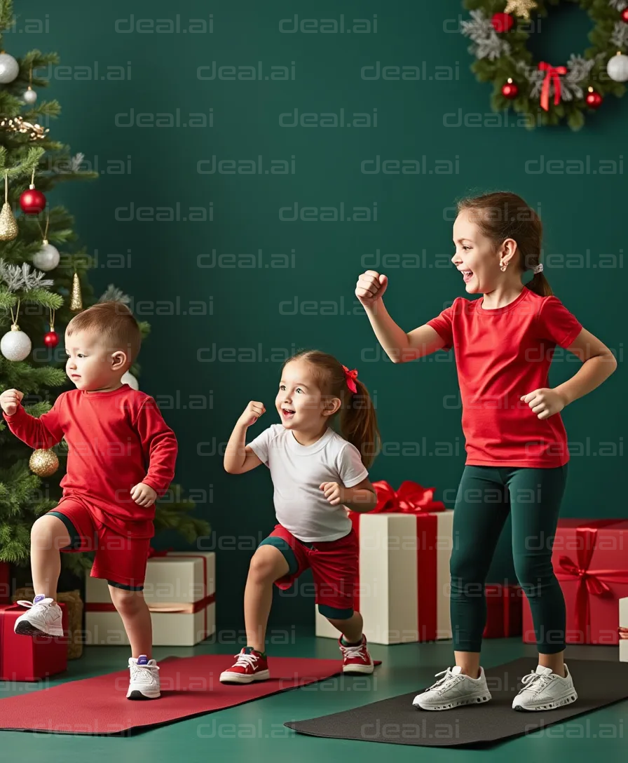 "Kids Exercising by Christmas Tree"