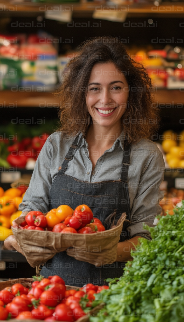 Smiling Grocer Holding Fresh Tomatoes