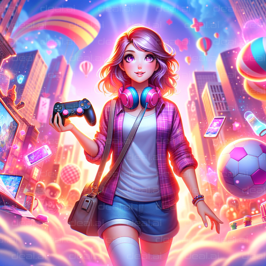 Gamer Girl in Colorful Cityscape