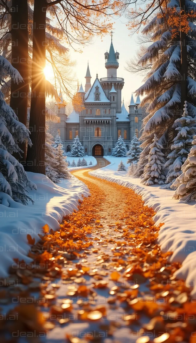 "Enchanted Winter Castle at Sunset"