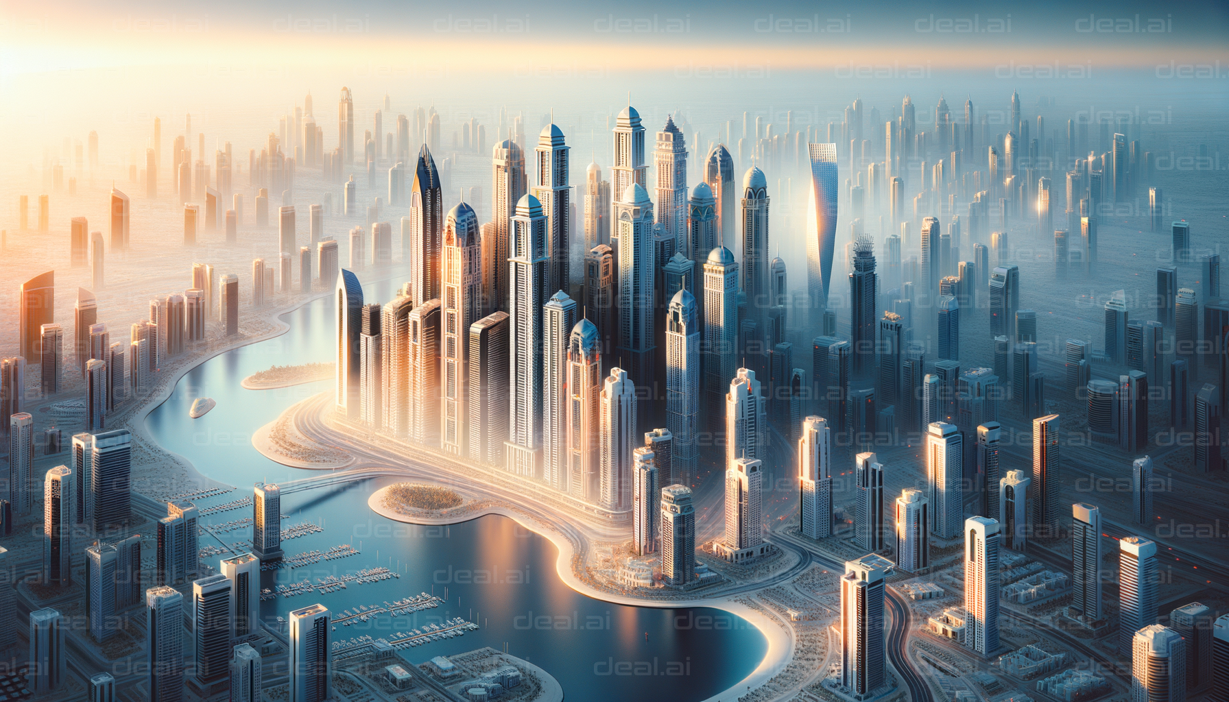 Futuristic Skyline by the Sea at Sunset