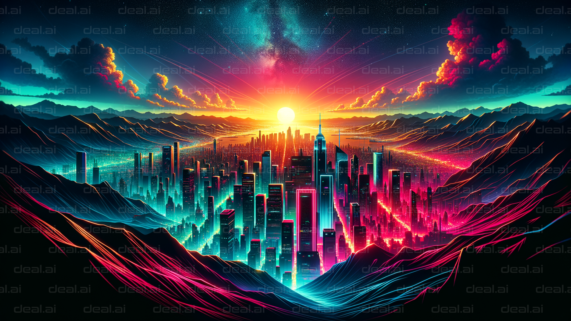 Neon City Sunset Fantasy