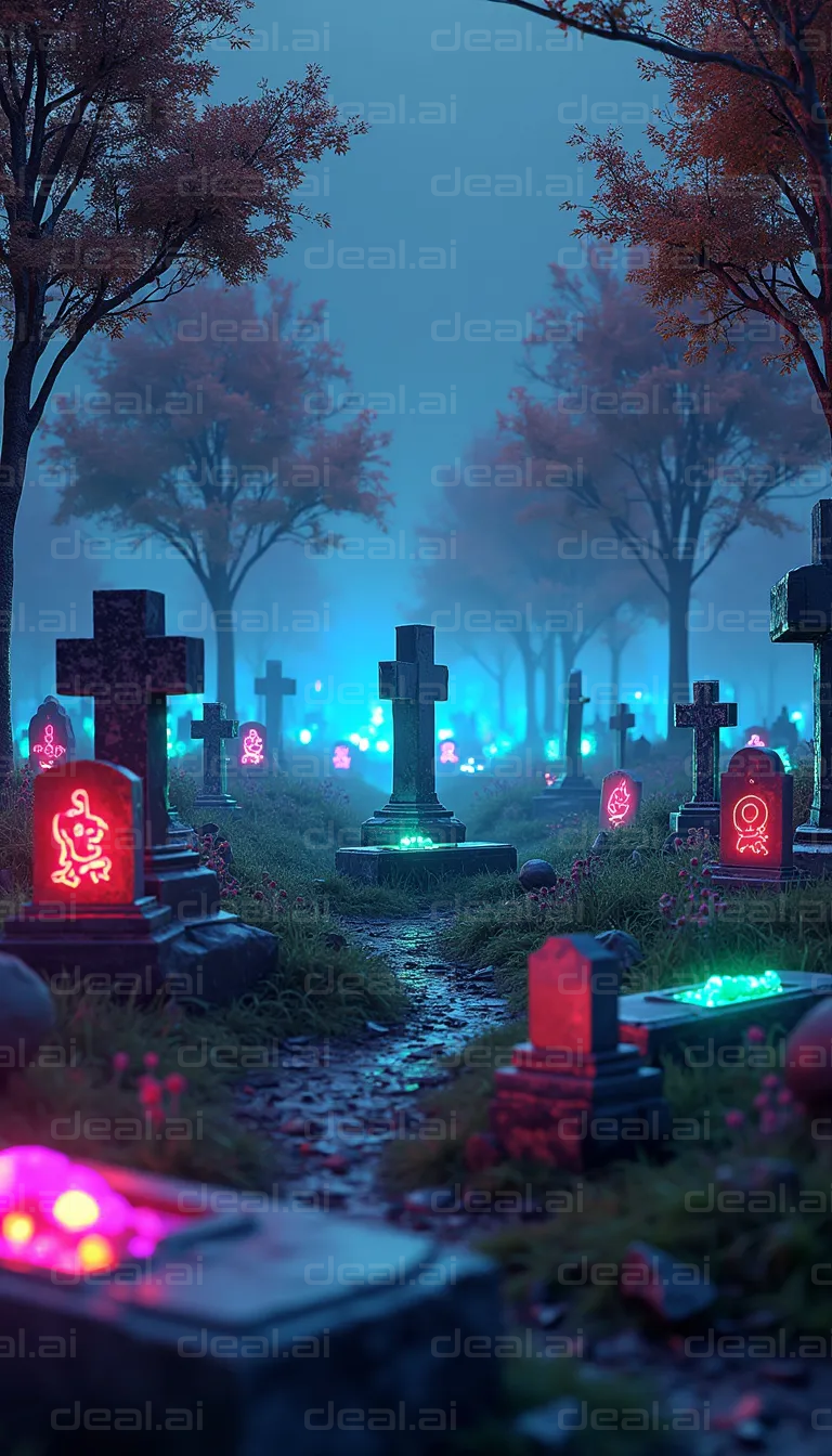 "Neon-Lit Cemetery at Dusk"