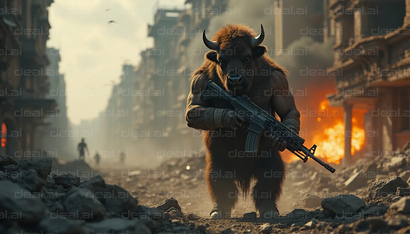 Armed Bison in a War-Torn Cityscape