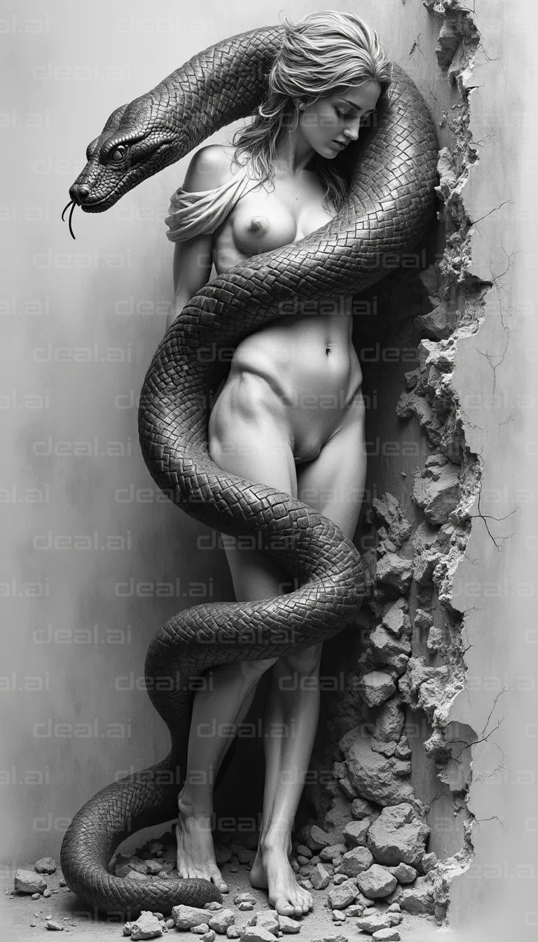 "Enigmatic Embrace: Woman & Serpent Bond"