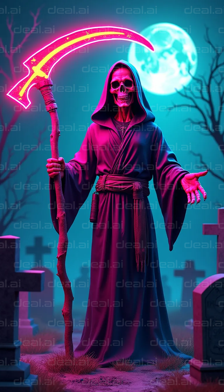 Neon Reaper in Graveyard Under Moonlight