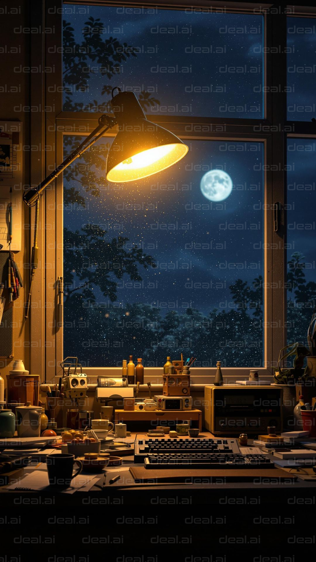 "Cozy Night Desk Under Moonlight"