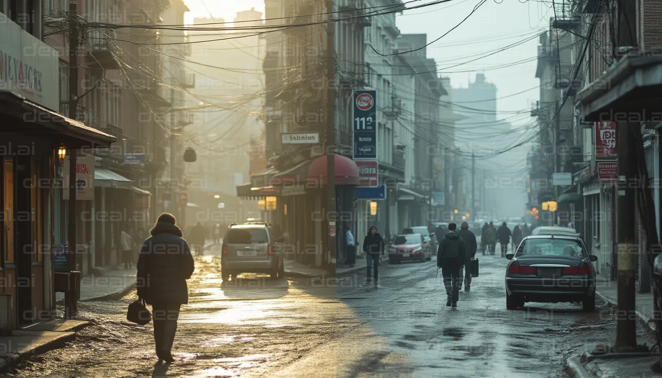 Misty Morning in a Bustling Street