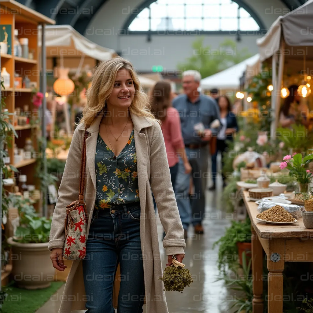 Smiling Woman at Indoor Market Stands