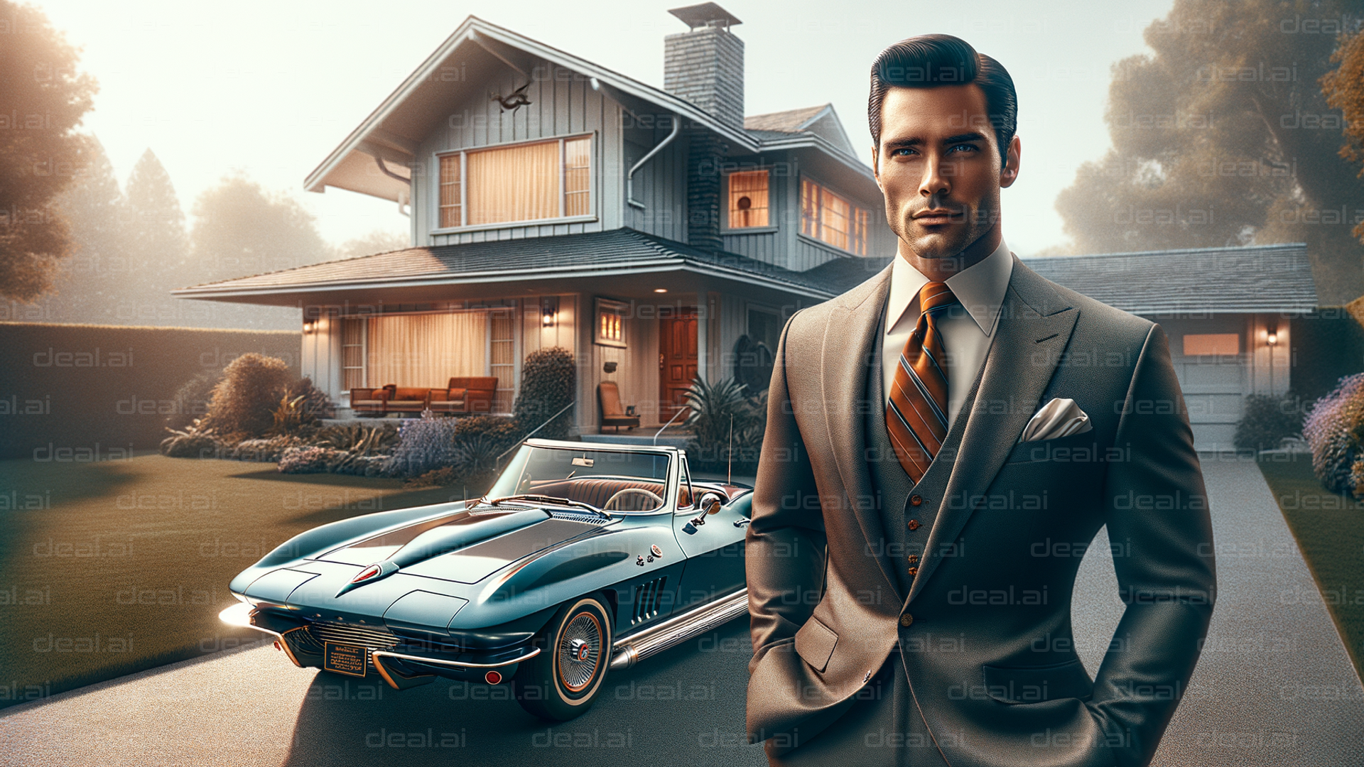 Elegant Life: Man, Classic Car, Dream Home