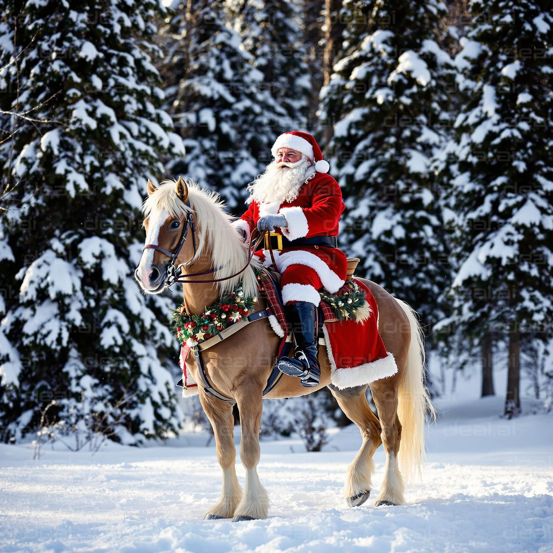 Santa Riding Through Snowy Forest