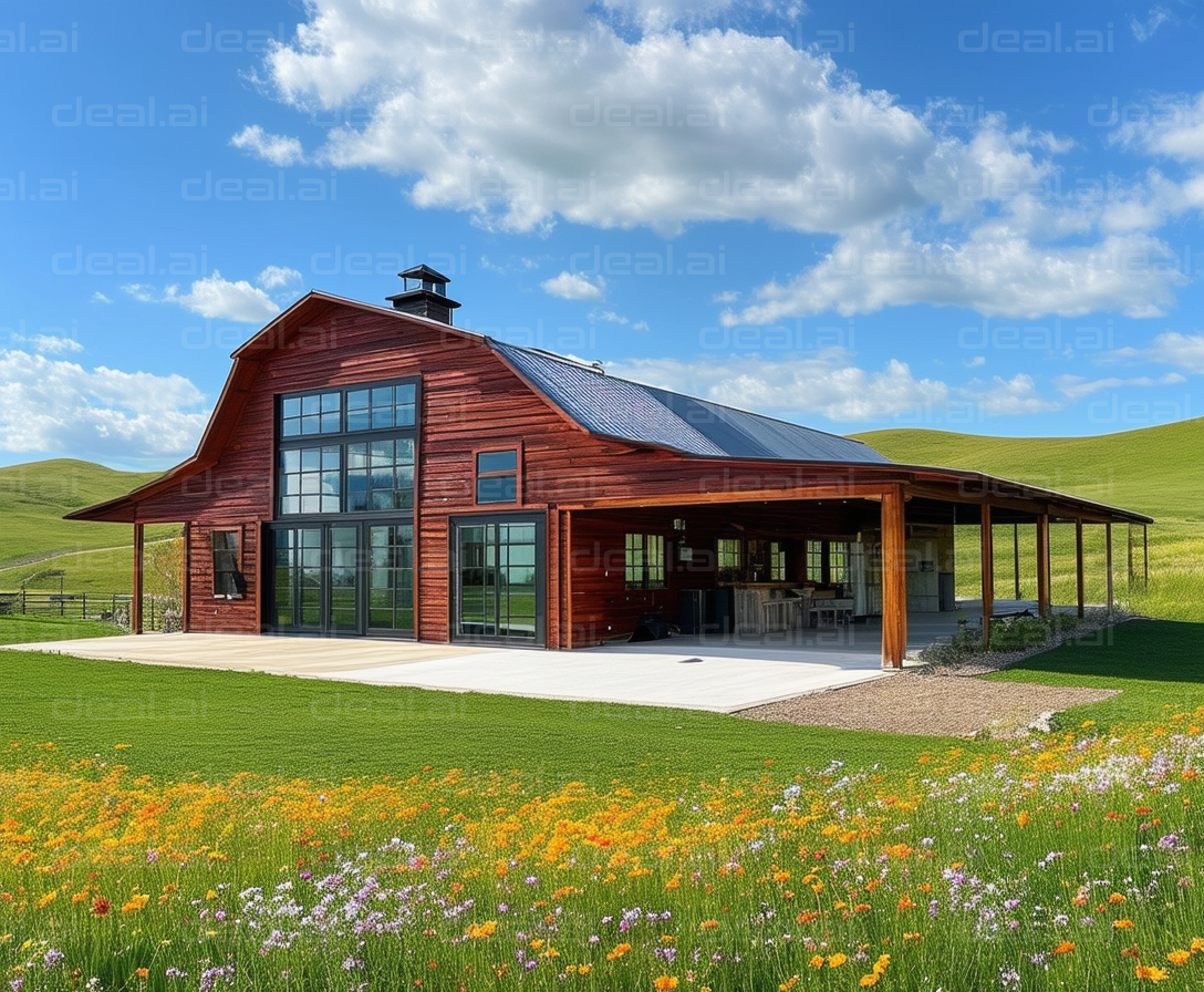 Modern Barn Surrounded by Wildflowers