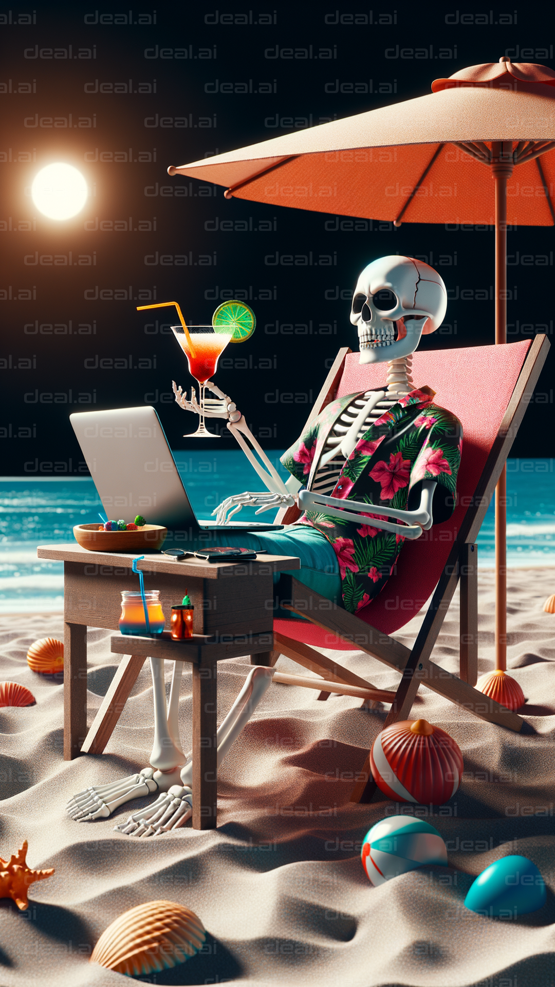 "Skeleton Enjoys a Beachside Cocktail"