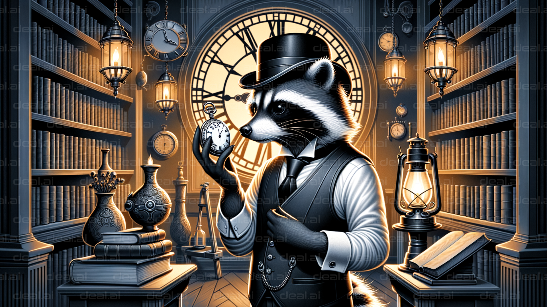 "Steampunk Raccoon and the Pocket Watch"