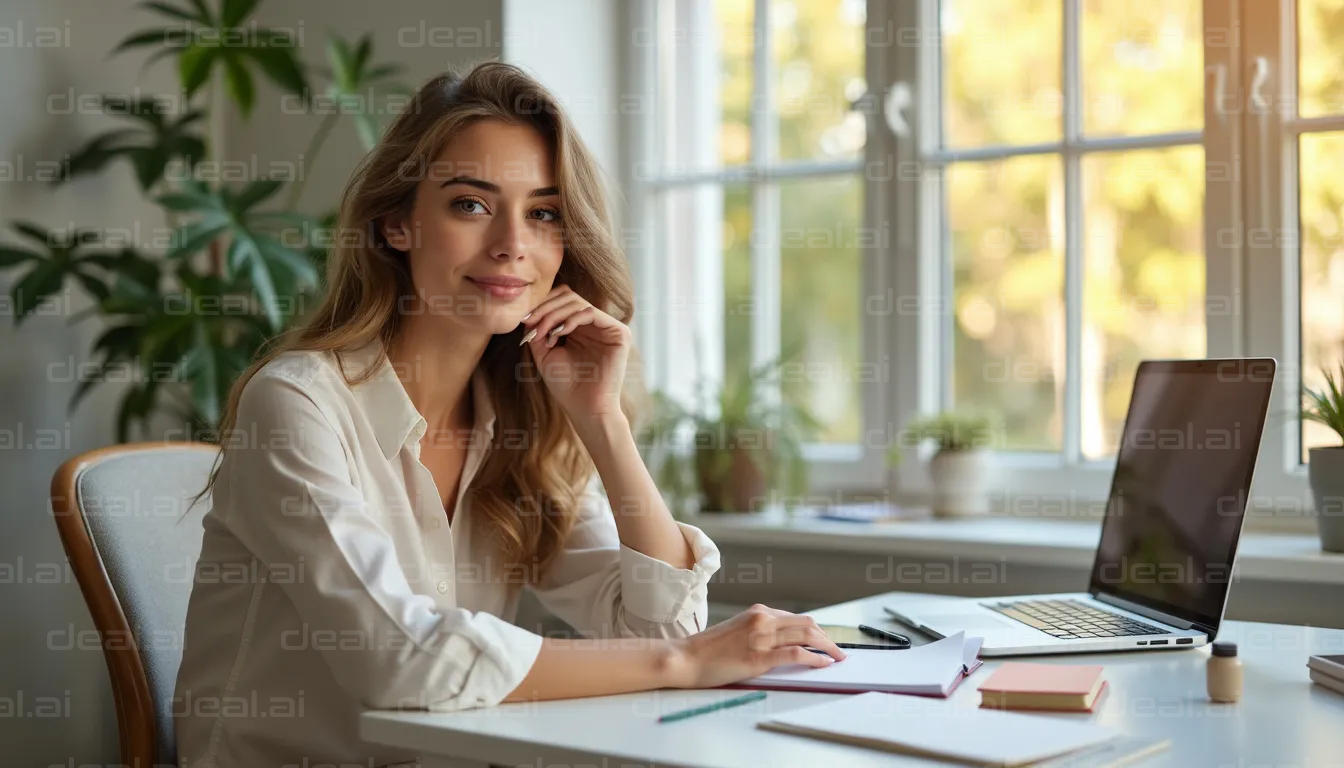 Woman Working at Modern Home Office Desk