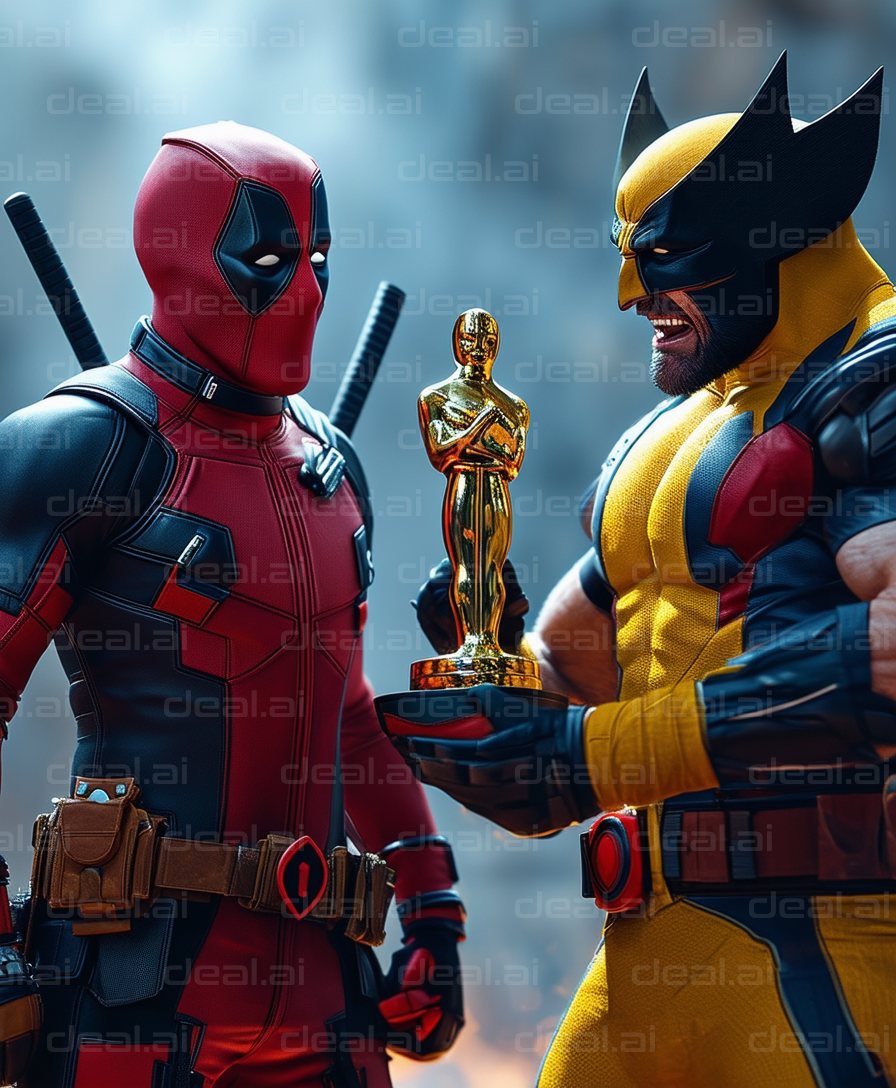 Deadpool and Wolverine with an Award