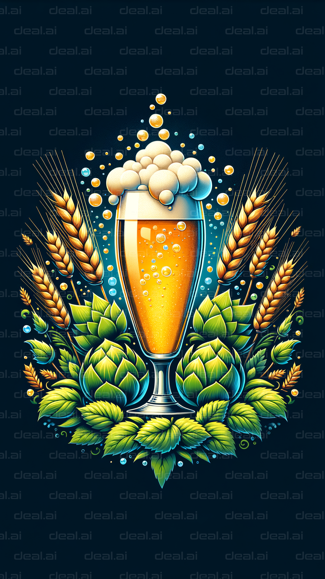 Stylized Beer Glass with Hops and Wheat